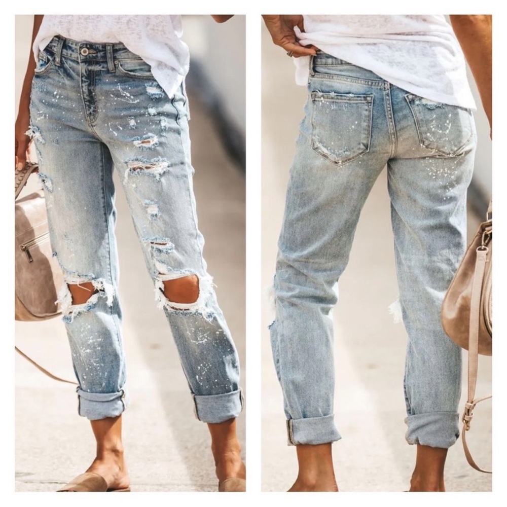 Brand New Distressed Denim Jeans Paint Splatter Relaxed Fit Boyfriend - Picture 2 of 10